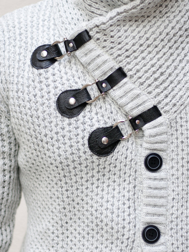 "Liam" White Shawl Collar Button Sweater