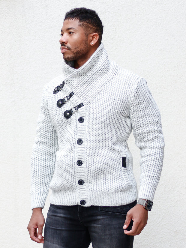[Liam] White Shawl Collar Button Sweater