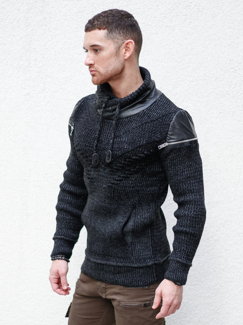 "Alex" Black Long Sleeve Sweater Pull Over with Zipper Shoulder