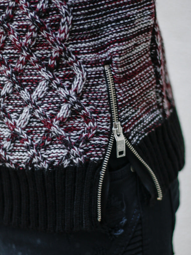 "Sebastian" Wine Shawl Collar Sweater with Front/Side Zipper Detail