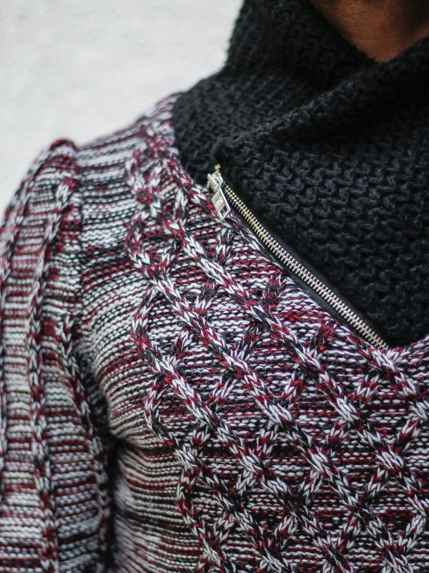 "Sebastian" Wine Shawl Collar Sweater with Front/Side Zipper Detail