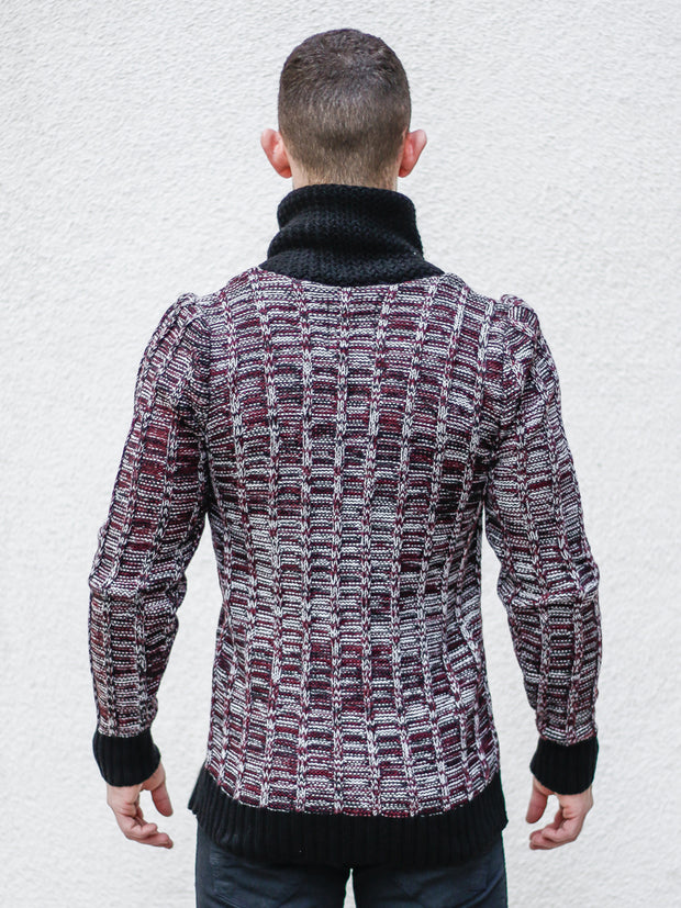 "Sebastian" Wine Shawl Collar Sweater with Front/Side Zipper Detail