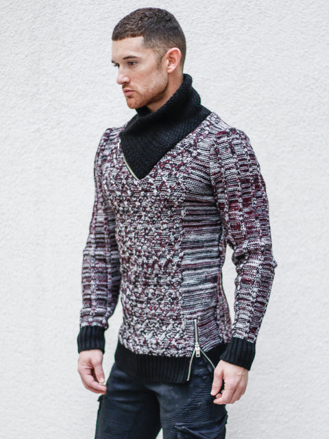 "Sebastian" Wine Shawl Collar Sweater with Front/Side Zipper Detail
