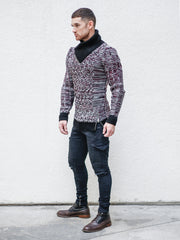 "Sebastian" Wine Shawl Collar Sweater with Front/Side Zipper Detail