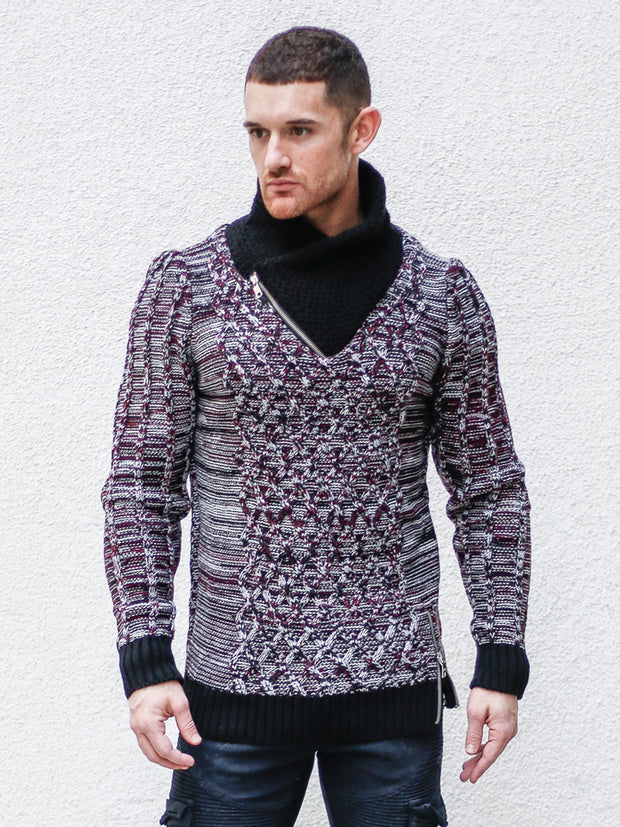 "Sebastian" Wine Shawl Collar Sweater with Front/Side Zipper Detail