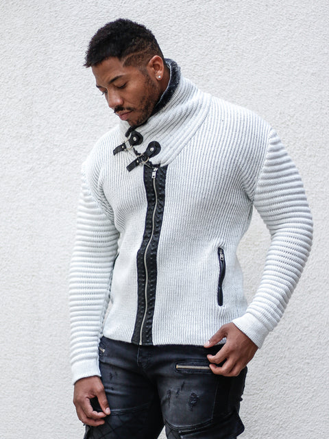 "Jake" White Shawl Collar Button Sweater with Zipper Front