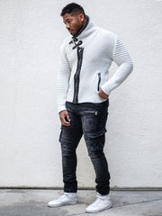 "Jake" White Shawl Collar Button Sweater with Zipper Front