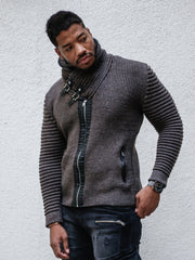 "Jake" Mahogany Shawl Collar Button Sweater with Zipper Front