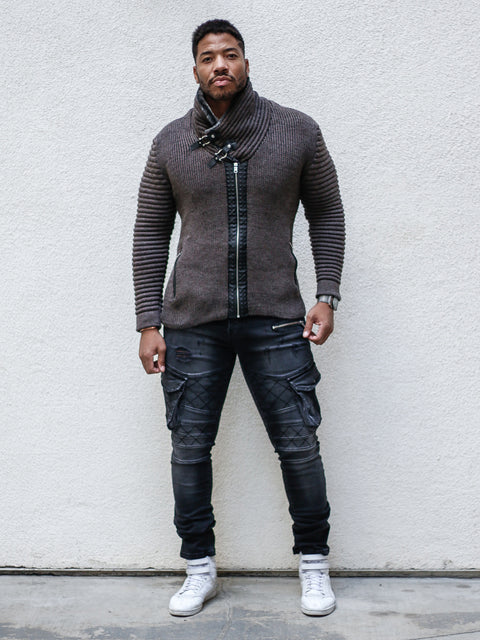 "Jake" Mahogany Shawl Collar Button Sweater with Zipper Front