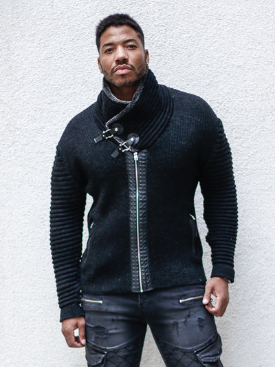 "Jake" Black Shawl Collar Button Sweater with Zipper Front