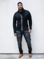 "Jake" Black Shawl Collar Button Sweater with Zipper Front