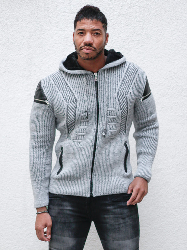 "Jason" Grey Wool Zip-Up Hoodie with Leather Patches