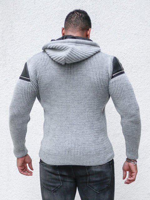 "Jason" Grey Wool Zip-Up Hoodie with Leather Patches