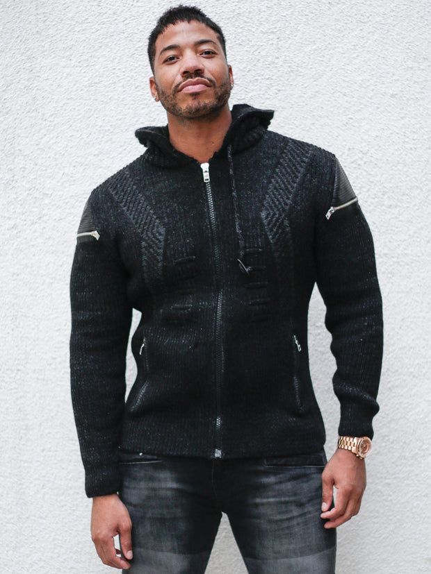 Hendrix Black Pattern Hoodie Sweater With Zipper On Side Shoulders