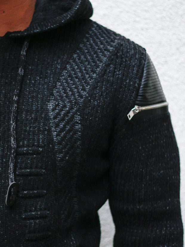 Hendrix Black Pattern Hoodie Sweater With Zipper On Side Shoulders