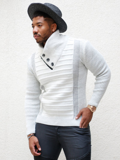 "Byrne" White Shawl Collar Button Mock Sweater