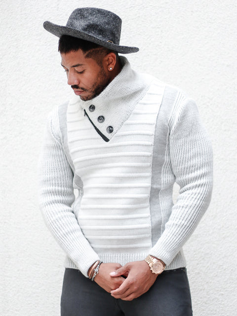 "Byrne" White Shawl Collar Button Sweater