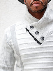 "Byrne" White Shawl Collar Button Mock Sweater