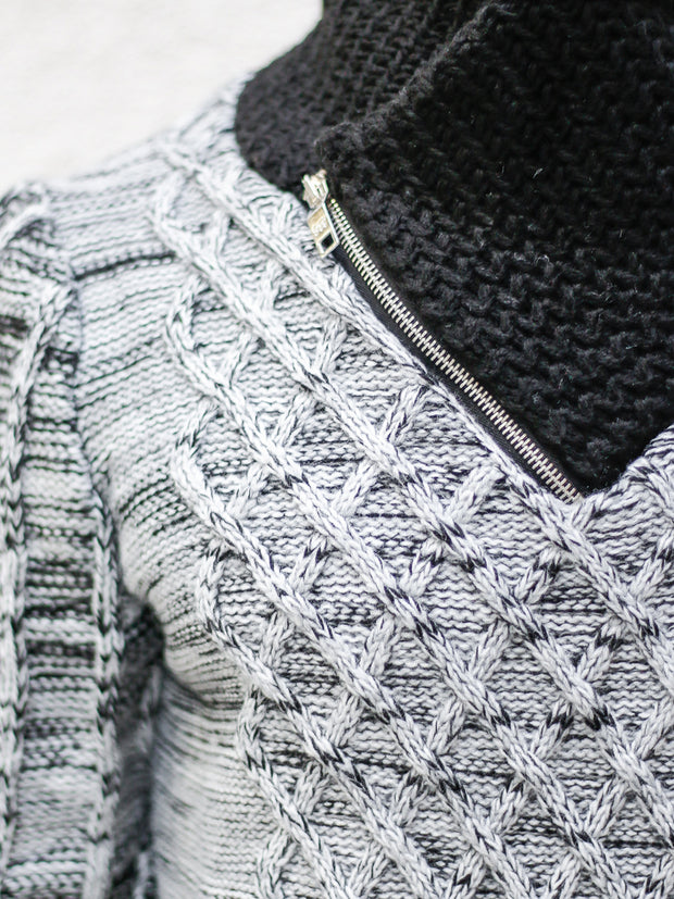 "Sebastian" White Shawl Collar Sweater with Front/Side Zipper Detail