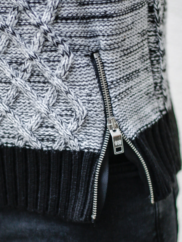 "Sebastian" White Shawl Collar Sweater with Front/Side Zipper Detail