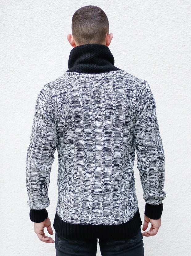 "Sebastian" White Shawl Collar Sweater with Front/Side Zipper Detail