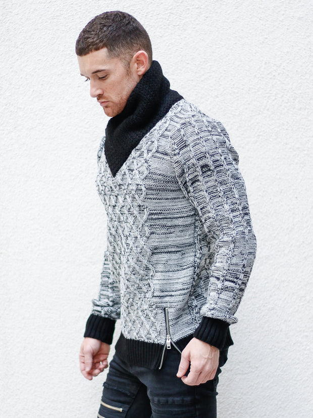 "Sebastian" White Shawl Collar Sweater with Front/Side Zipper Detail