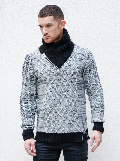 "Sebastian" White Shawl Collar Sweater with Front/Side Zipper Detail