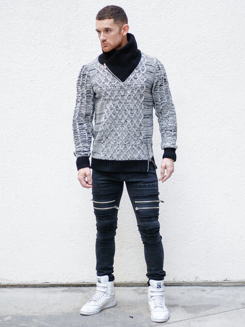 "Sebastian" White Shawl Collar Sweater with Front/Side Zipper Detail