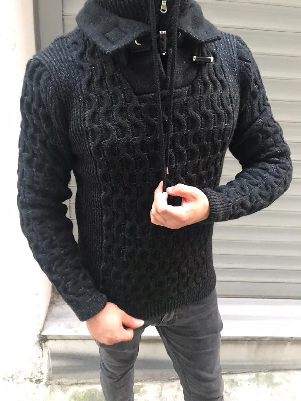 Black Long Sleeve Sweater Pull Over with Zipper On Neck